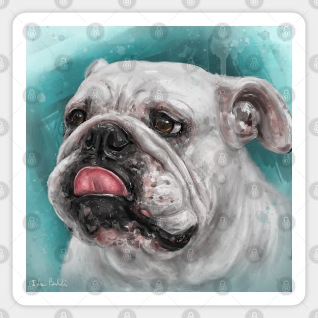 Close Up Painting of a White Bulldog With Its Tongue Out, Blue Background Sticker by ibadishi
